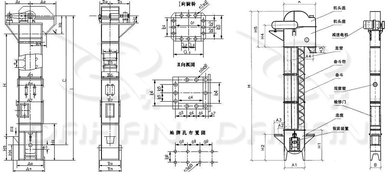 TD/D型斗式提升機(jī)基本結(jié)構(gòu):機(jī)頭蓋，機(jī)頭座，減速電機(jī)，直管，底座，緊張裝置等。