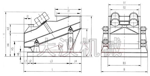 ZSG礦用振動(dòng)篩外形示意圖：B為礦用振動(dòng)篩寬度，L為礦用振動(dòng)篩長(zhǎng)度。H為礦用振動(dòng)篩高度等。