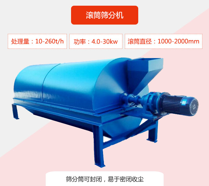 滾筒篩分機：處理能力：10-260t/h  功率：4.0-30kw 滾筒直徑：1000-2000mm 篩分筒可封閉，易于密閉收塵