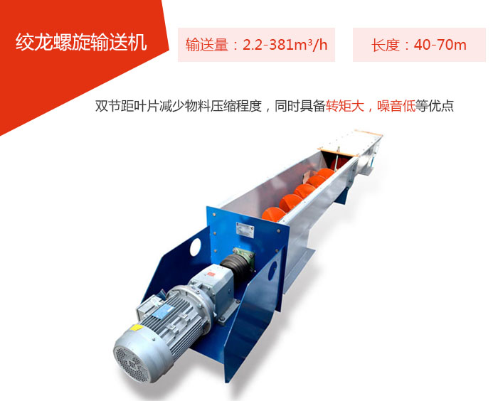 絞龍螺旋輸送機輸送量：2.2-381m3/h 長度：40-70m 雙節(jié)距葉片減少物料壓縮程度，同時具備轉矩大，噪音低等優(yōu)點。