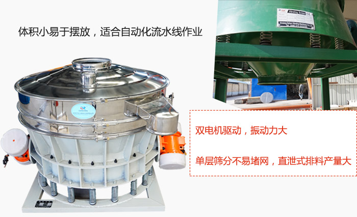 雙電機驅(qū)動，振動力大，單層篩分不易堵網(wǎng)，直泄式排料產(chǎn)量大