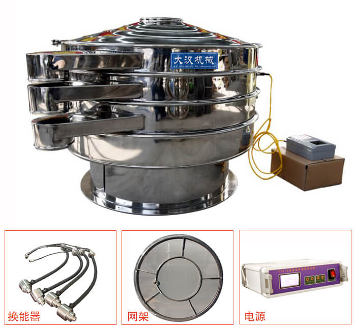  全不銹鋼超聲波振動篩內(nèi)部組成：換能器，網(wǎng)架，電源。